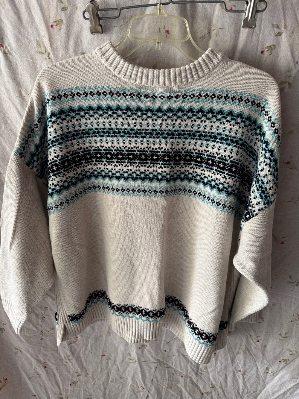 J. Jill Cream Fair Isle Crewneck Sweater with Teal and Black Pattern